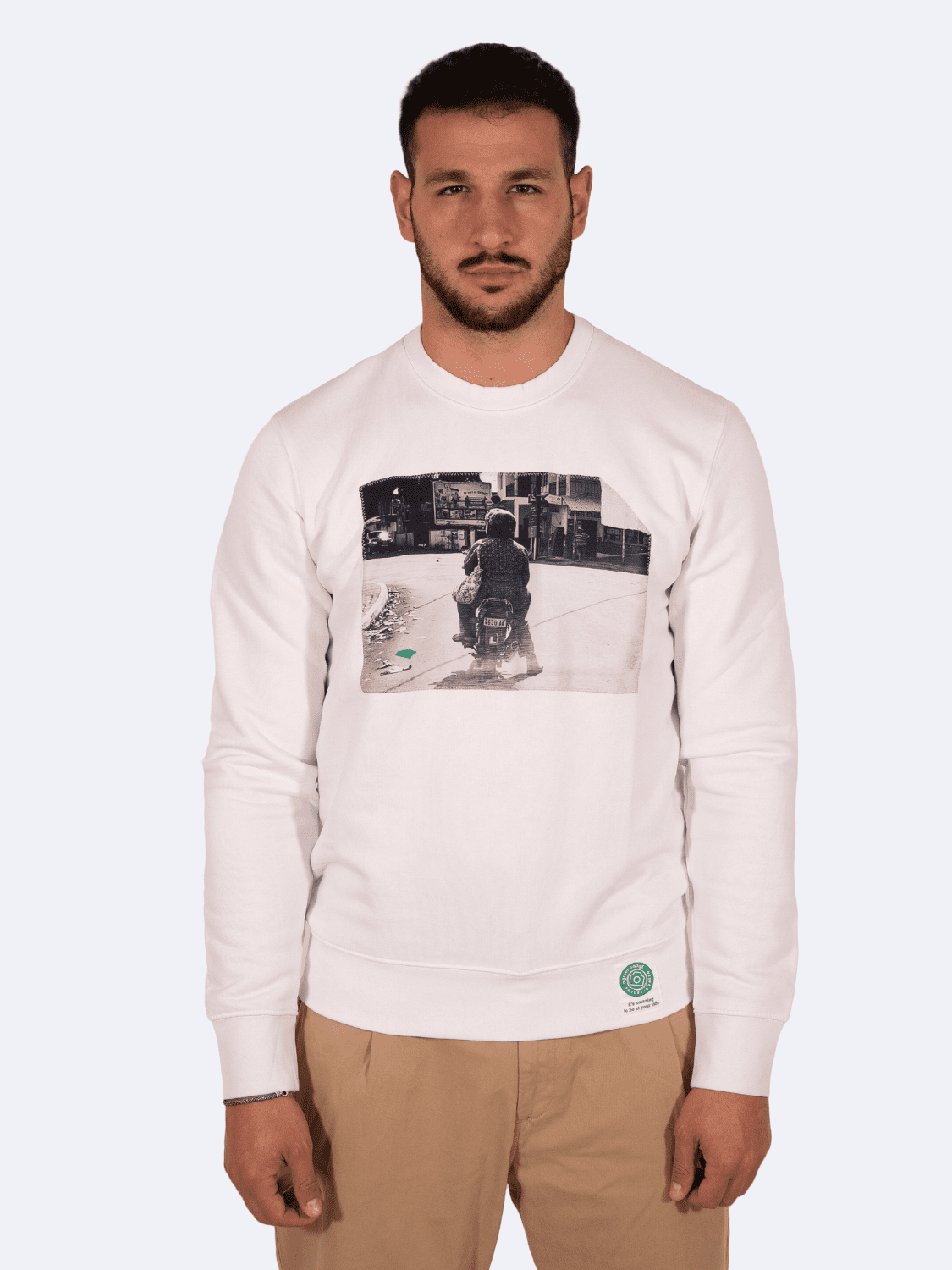ICON BIKER FELPA BIANCO GUY - Felpa A Green Badge - Streetwear Sostenibile Made in Italy