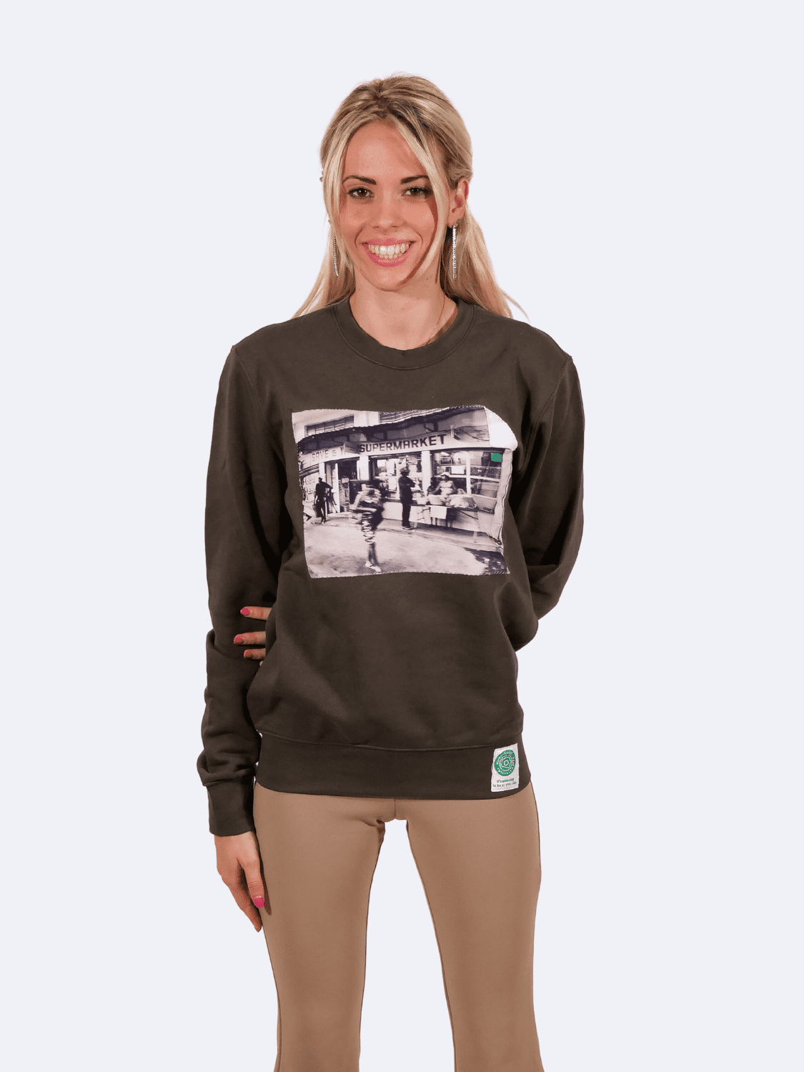 ICON MARKET FELPA DARK KHAKI LADY - Felpa A Green Badge - Streetwear Sostenibile Made in Italy